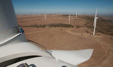 View from the top of the wind nacelle. The Cookhouse Wind Farm in the Eastern Cape of the country is the biggest in Africa.  It was built in only 11 months, and has 66 turbines generating 138 Mw of clean power. Renewable energy in South Africa now accounts for about 1/10th of the country's electricity supply after only three years of implementation.