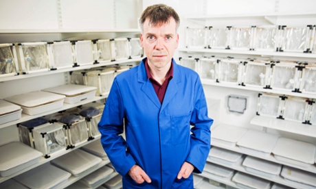 Dr Luke Alphey surrounded by boxes of Oxitec mosquitoes.