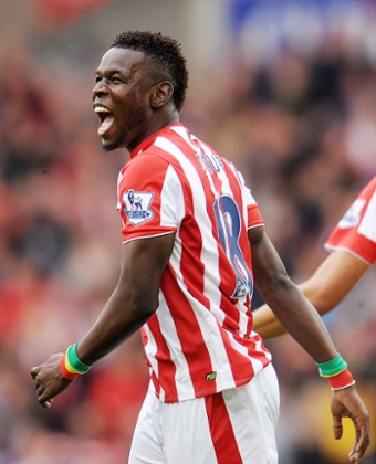 Mame Biram Diouf celebrates scoring his and Stoke's second goal.