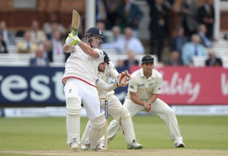 Ben Stokes thwacks the ball away.