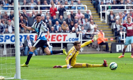 Newcastle's Emmanuel Riviere misses an open goal.
