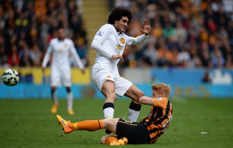 Marouane Fellaini comes in late to foul Hull City’s Paul McShane and gets and early bath for his trouble.