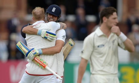 Ben Stokes is congratulated by England captain Alastair Cook after scoring his century.