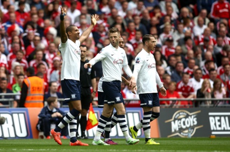 Jermaine Beckford of Preston North End celebrates after scoring.
