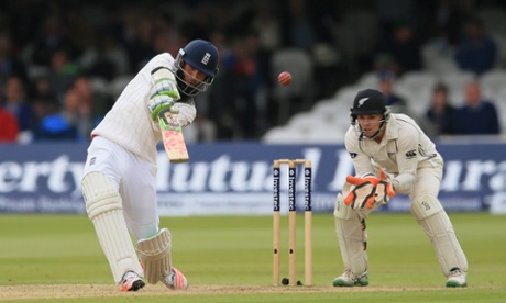 England's Moeen Ali hits a boundary.