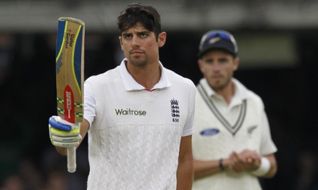 England captain Alastair Cook acknowledges the crowd and the England dressing room after reaching 150 runs.