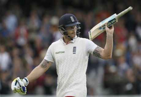 Ben Stokes holds up his bat to applause from the crowd as he leaves the pitch after being caught by New Zealand's Ross Taylor off the bowling of Mark Craig.