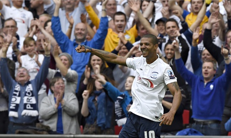 Preston's Jermaine Beckford celebrating scoring the fourth goal against Swindon