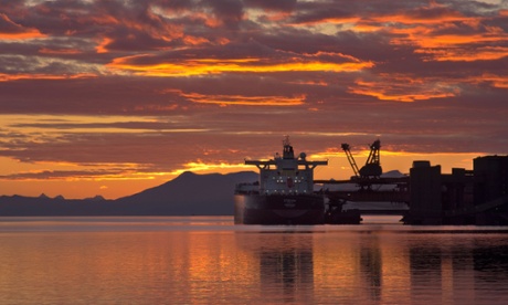 A ship being loaded in the coal port at sunset, Narvik, Norway