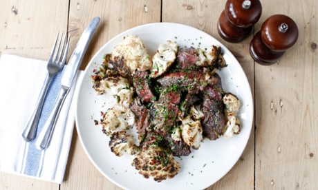 Steak and cauliflower cooked in charcoal