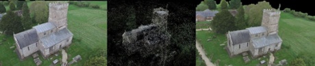 Image, 'point cloud' and reconstructed image captured by drone for virtual reality overview of archaeological dig by Prof Bob Stone.
