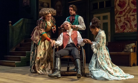 Jane Booker as Lady Bountiful, Samuel Barnett as Aimwell, Geoffrey Streatfeild (rear) as Archer and Pippa Bennett-Warner as Dorinda in The Beaux' Stratagem, directed by Simon Godwin.