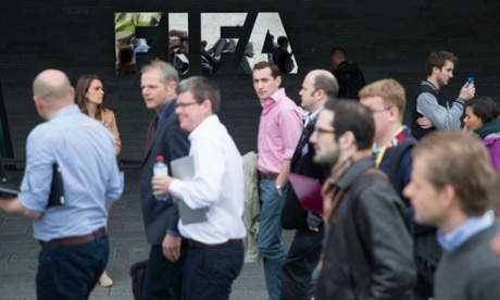 Busy journalists outside Fifa's HQ in Zurich, including Owen Gibson, from this very parish, keeping refreshed with his water bottle.