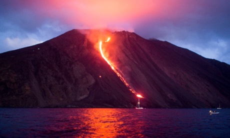 Stromboli volcano at night. 