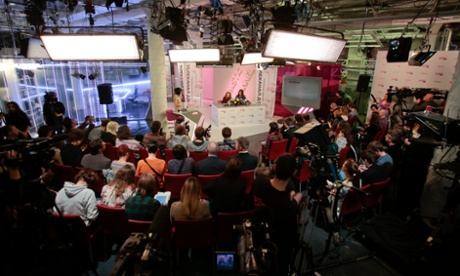 Freed Pussy Riot members Nadezhda Tolokonnikova and Maria Alyokhina hold a news conference at the TV Rain studios in December 2013