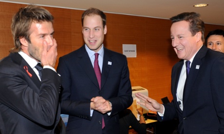 David Beckham, Prince William and David Cameron during a reception at a hotel a day before they learned England would not get the 2018 World Cup.
