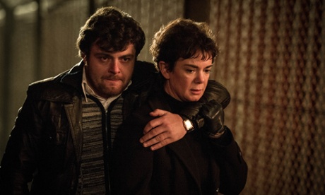 The IRA Monkey (Laurence Kinlan) and Sarah Montag (Victoria Hamilton).