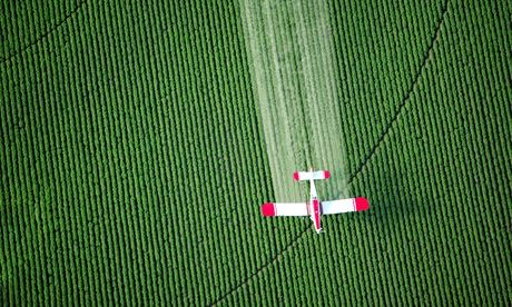 An overhead view of a crop duster spraying green farmland.