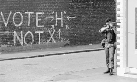 A British soldier on patrol in Belfast during the Troubles.