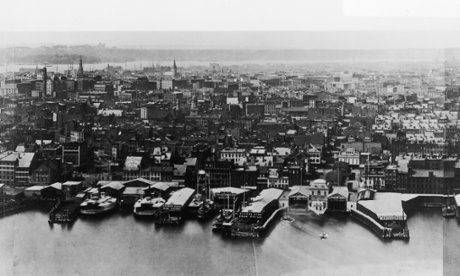 A panoramic view of New York City in 1876, as seen from the Brooklyn Tower.