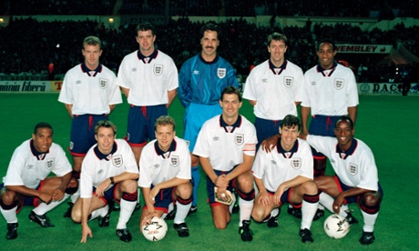 The England team prior to the friendly against Romania at Wembley, October 1994. Rob Jones, (bottom row, third from left) played alongside Alan Shearer, David Seaman and Tony Adams.