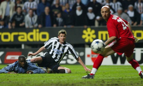 Michael Bridges watches his shot fly wide against Marseille goalkeeper Fabien Barthez during the Uefa Cup semi-final, first leg in April 2004.