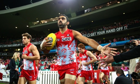 Adam Goodes runs onto the field earlier in the night