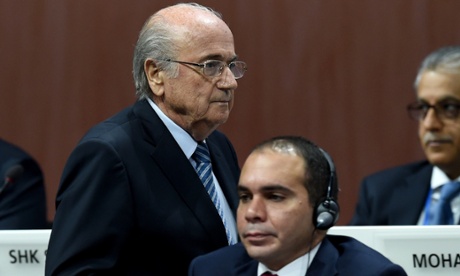 Fifa president Sepp Blatter walks past his rival Prince Ali bin al-Hussein