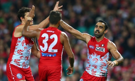Adam Goodes celebrates a goal in Sydney's 60-point Indigenous Round win over Carlton