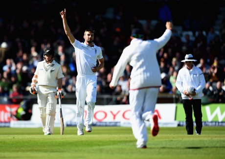 Mark Wood celebrates the wicket of BJ Watling.
