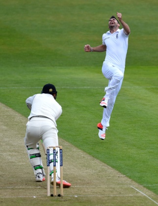 James Anderson celebrates after dismissing New Zealand batsman Martin Guptill to claim his 400th test match wicket.
