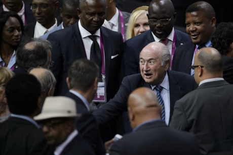 Blatter is congratulated after winning a fifth term as Fifa president.