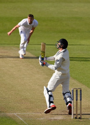 Mark Wood looks on as Tim Southee pulls him to deep square leg only to be caught by Adam Lyth.