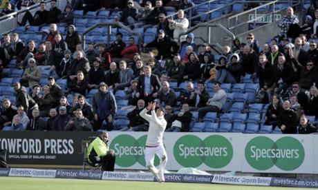 Where Adam Lyth is waiting on the boundary and takes a great catch in front of the Western Terrace.