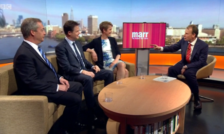Yvette Cooper, Nick Clegg and Nigel Farage together on the Marr sofa