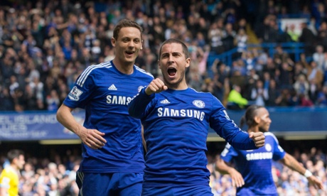 Eden Hazard celebratesthe opening goal.