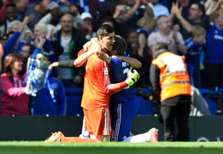 Thibaut Courtois and Cesar Azpilicueta celebrate after winning the Barclays Premier League.