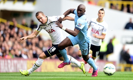 Harry Kane and Eliaquim Mangala battle for the ball.