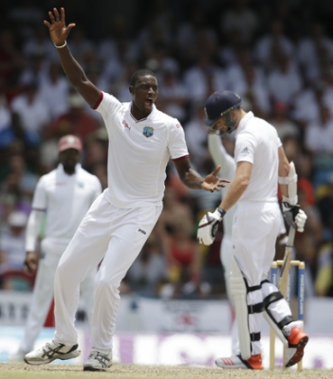 Jason Holder appeals unsuccessfully for the wicket of England's James Anderson.