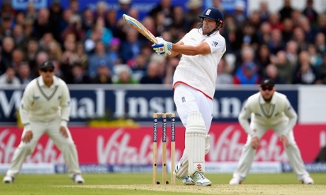 Alastair Cook pulls a short ball towards the boundary during day two.