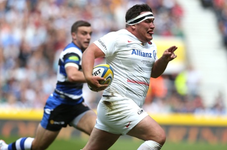 Jamie George of Saracens makes a break to score his team's second try.