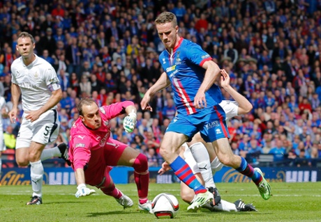 Inverness Caledonian Thistle's Marley Watkins rounds Falkirk keeper Jamie MacDonald ...