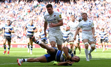 Jonathan Joseph dives over the line to score Bath's opening try.