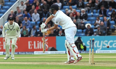Gary Ballance is bowled by New Zealand's Trent Boult.