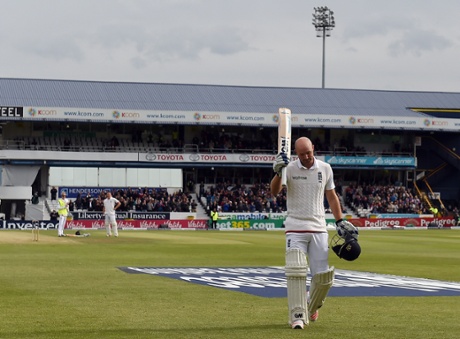 England's Adam Lyth leaves the field after being run out for 107 runs.