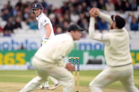 Ben Stokes watches as he is caught by New Zealand's Mark Craig