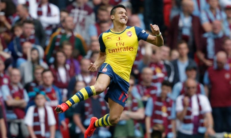 Alexis Sánchez celebrates his long-range goal that put Arsenal 2-0 up against Aston Villa at Wembley.