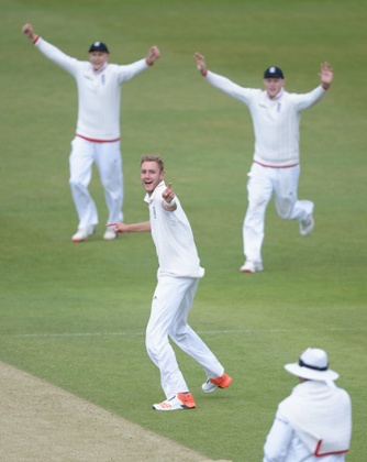 Stuart Broad celebrates dismissing Tom Latham.