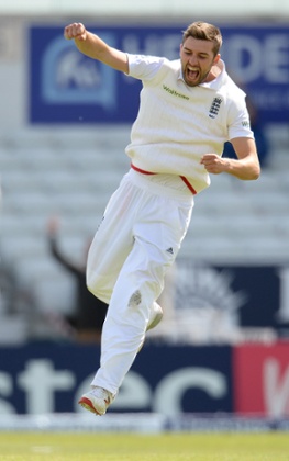 Mark Wood celebrates after dismissing Ross Taylor.