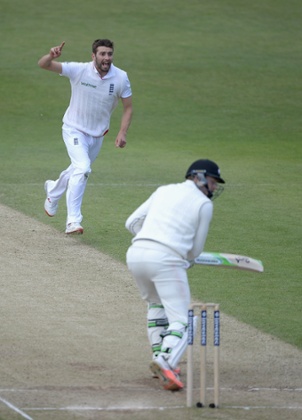 Mark Wood of England celebrates dismissing Martin Guptill.